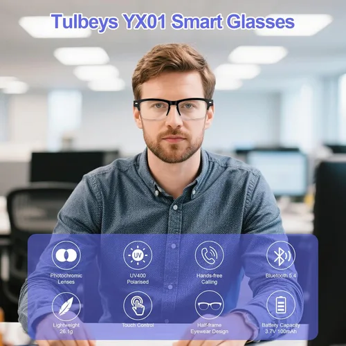 Vista 2 de Lentes inteligentes para hombres y mujeres, gafas Bluetooth con lentes fotocromáticas, micrófono y altavoces integrados, IPX5 impermeable, asistente