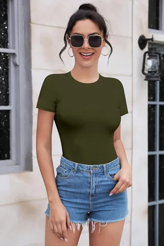 Vista 2 de SHEIUGU Camiseta de manga corta con cuello redondo para mujer, ajustada, básica, leotardo