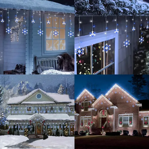 Vista 7 de Luces de Copo de Nieve de Navidad, 10.66 pies, 168 Luces LED de Carámbanos para Exteriores con 14 Gotas, 8 Modos Impermeables Conectables