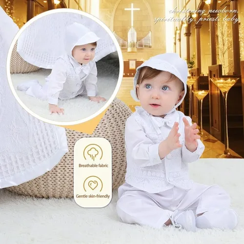 Vista 2 de Booulfi Trajes de bautizo para bautizo, ropa para niños, 5 piezas, trajes blancos
