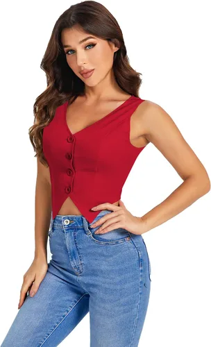 Vista 5 de SweatyRocks Chaleco corto con dobladillo asimétrico y botones en la parte delantera para mujer, cuello en V, sin mangas, para mujer