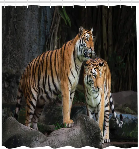 Vista 2 de Ambesonne Cortina de ducha de animales, pareja de tigre en la selva en rocas grandes, impresión de imagen de gatos salvajes en la naturaleza, juego