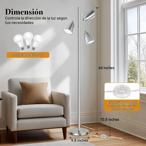 Vista 5 de QiMH Tree Floor Lamp with 3 Light Bulbs, Standing Tall Pole Lamps for Living Room Bedroom Office, Reading Stand up Lamps with 3 Adjustable Brushed
