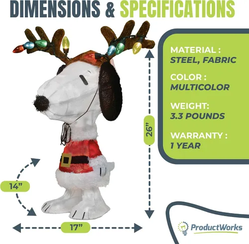 Vista 2 de ProductWorks Adorno navideño para interiores/exteriores con Snoopy de Peanuts preiluminado en abrigo de Santa y astas para patio, exhibición