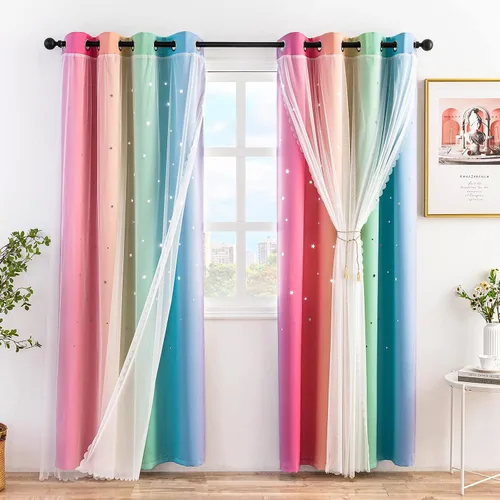 Vista 8 de Stiio Cortinas con Recortes de Estrella para Dormitorio de Niñas, 2 Paneles, Cortinas Opacas 2 en 1 que Bloquean la Luz con Cortinas de Ventana