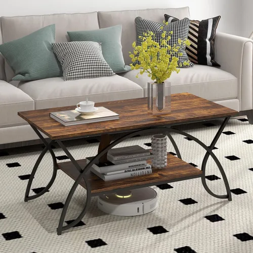 Vista 9 de Giantex Mesa auxiliar rectangular de 2 niveles, mesa de grano de madera con estante de almacenamiento abierto, marco de metal acabado negro, mesa