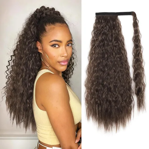 Vista 11 de Extensión de cola de caballo larga con ondas de maíz, pasta mágica, resistente al calor, ondulada, sintética, envolvente, extensión de cola