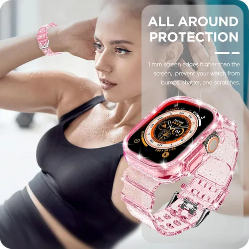 Vista 33 de DABAOZA - Correa transparente compatible con Apple Watch con estuche protector, correa deportiva de TPU con brillo para mujeres y hombres