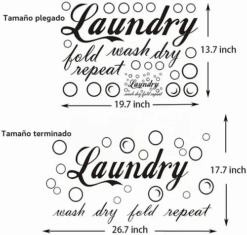 Vista 3 de 23 calcomanías de vinilo de pared características para cuarto de servicio, con texto en inglés "Wash Dry Fold Repeat Repeat", calcomanías