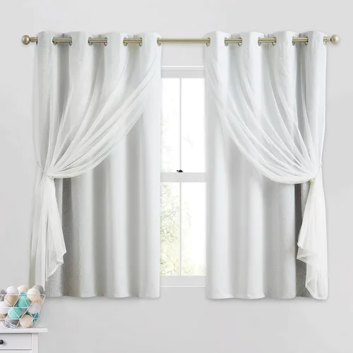 Vista 31 de Cortinas 100% opacas con superposición de gasa Mix and Match de doble capa, 54 pulgadas de largo, 2 paneles para dormitorio y sala de estar, azul