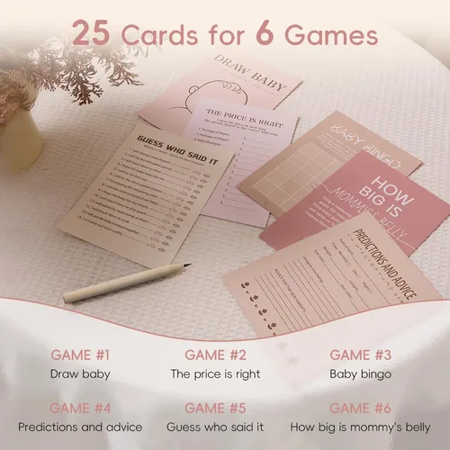 Vista 2 de Juego de 150 tarjetas de juegos de baby shower, 6 juegos divertidos que incluyen bingo, Don't Say Baby, Price is Right y más, perfecto para hasta 25