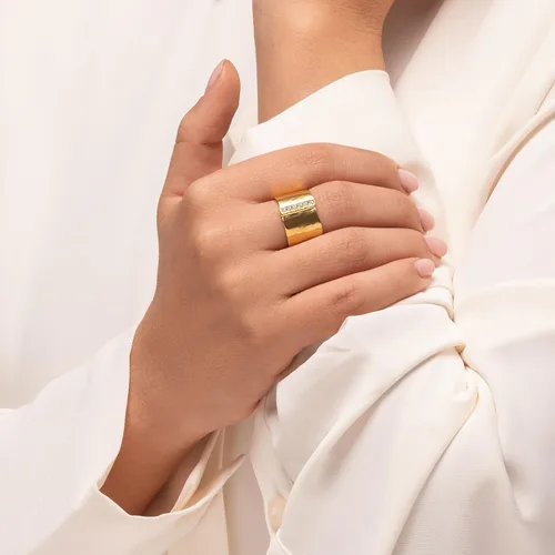 Vista 2 de JEAN RACHEL JEWELRY 14K Gold Plated Sterling Silver Ring with 0.18 TCW Cubic Zirconia - Wide Band Hammered Vintage Design - Hypoallergenic, Lead &