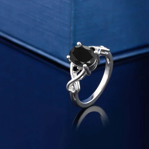 Vista 4 de Gem Stone King Anillo de plata de ley 925, zafiro negro y diamante negro para mujer (2.60 quilates), disponible en talla 5, 6, 7, 8, 9), Metal Metal