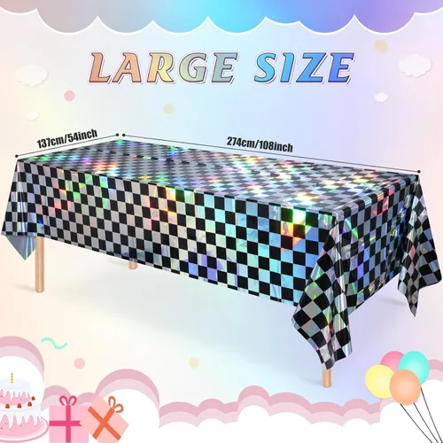 Vista 2 de Paquete de 1 mantel de plástico a cuadros negros e iridiscentes, manteles rectangulares desechables con láser, mantel de papel de aluminio