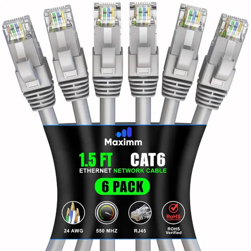 Vista 102 de Maximm Cable Ethernet Cat 6 de 0.6 pies (paquete de 6) – Cable LAN de alta velocidad, cable de Internet, cable de conexión y cable de red – UTP