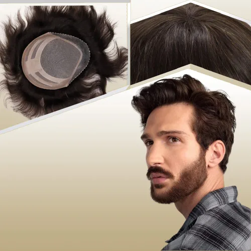 Vista 24 de Sistema de reemplazo de cabello humano para hombre, tupé para hombre, piel fina con parte superior de encaje mono y la parte trasera de poliuretano