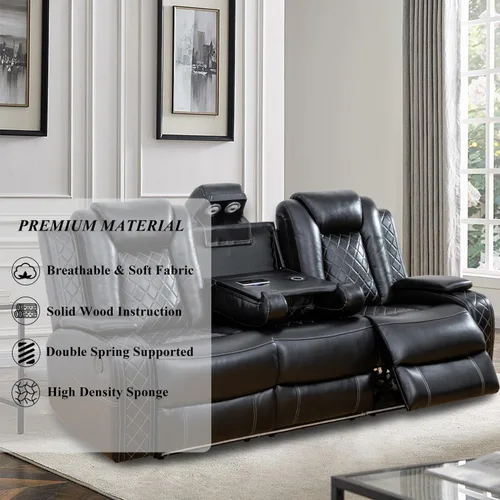 Vista 5 de Juego de sofá reclinable eléctrico, sofás reclinables de cuero negro, 3 piezas de sofá reclinable de cuero de aire y silla de dos plazas con luces
