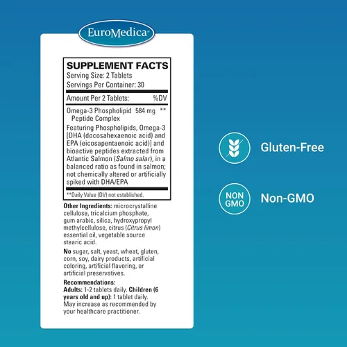 Vista 2 de EuroMedica EurOmega-3-60 Tabletas - Potentes ácidos grasos omega-3 + fosfolípidos y péptidos - Absorción superior - EPA y DPA de fuente exclusiva