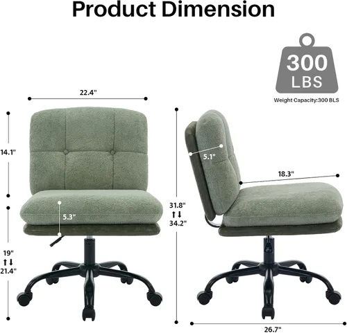 Vista 2 de SOFTHION Silla de escritorio de oficina sin brazos con ruedas de asiento ancho, altura ajustable, giratoria, cómoda silla cruzada para el hogar