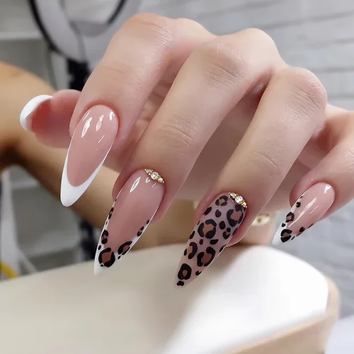 Vista 23 de BABALAL Uñas postizas largas a presión de estilo stiletto, uñas postizas francesas de lujo, con pegamento, diseño de diamantes de imitación