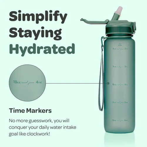 Vista 4 de Hydracy Botella de agua motivacional con marcador de tiempo y tapa con Lus de luna verde