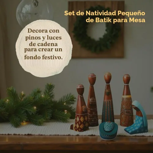 Vista 4 de Juego de Belén de Mesa Colorido de Batik, Decoraciones de Navidad, Belén de Madera, Decoración de Interior, Religioso, Cristiano, Católico, Figuras