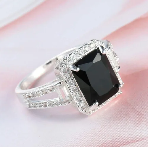 Vista 3 de Anillo de compromiso de boda de plata de ley 925 con ónix negro, talla 6-10 para mujer