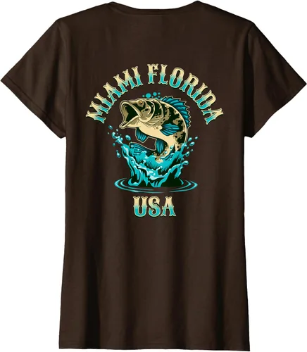 Vista 25 de Camiseta con diseño de pesca en la parte delantera y trasera de Miami Florida USA, Negro