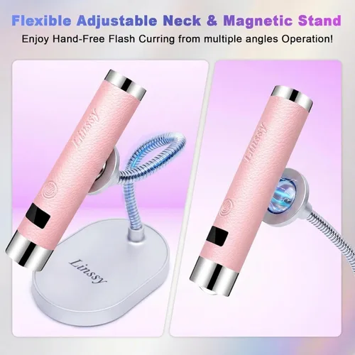 Vista 8 de Linssy - Mini luz UV para uñas con sensor automático y soporte de cuello de cisne, lámpara de uñas inalámbrica portátil con pantalla LCD, luz UV