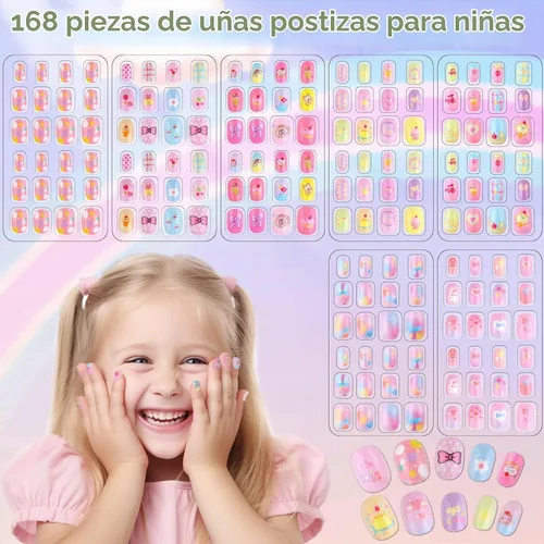 Vista 2 de Shynek Uñas Postizas para Niñas, 168 Piezas de Uñas Postizas Infantiles con Adhesivo Pre-Pegado, Juego de Uñas Postizas de Cubierta Completa