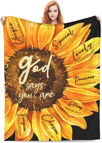 Vista 10 de Manta de felpa con versículo bíblico religioso cristiano con texto en inglés "Oración Dios dice que eres girasol", manta de vellón para sofá cama