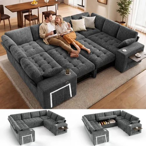 Vista 12 de Sofá modular modular de 86 pulgadas en forma de L, 5 asientos con cama Beige