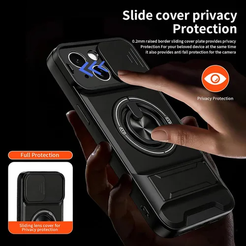Vista 5 de Dssairo Funda para iPhone 15 con anillo magnético de rotación de 360° compatible con carcasa MagSafe Slide para cámara, soporte plegable, funda Negro