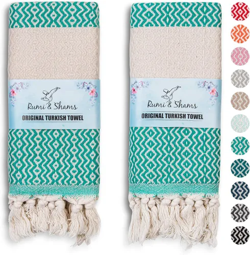 Vista 16 de RUMI & SHAMS - Toalla de mano turca para baño y cocina - 2 toallas de mano decorativas de lujo para baño - Toallas rústicas de cocina de 100 %