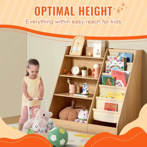 Vista 5 de VEVOR Estantería de madera para niños de 4 niveles, organizador de almacenamiento de juguetes para niños pequeños, estante de libros