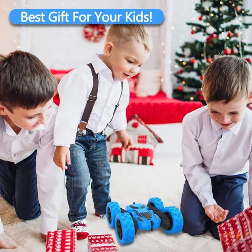 Vista 7 de Hamdol Auto de control remoto para niños, auto de acrobacias RC giratorio de 360°, vehículo eléctrico 4WD de doble cara con luces LED, autos de Azul