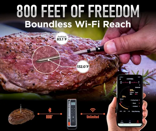 Vista 2 de Termómetro digital inalámbrico con WiFi y Bluetooth, conexión de largo alcance con pantalla de temperatura incorporada, sonda de carne, termómetro