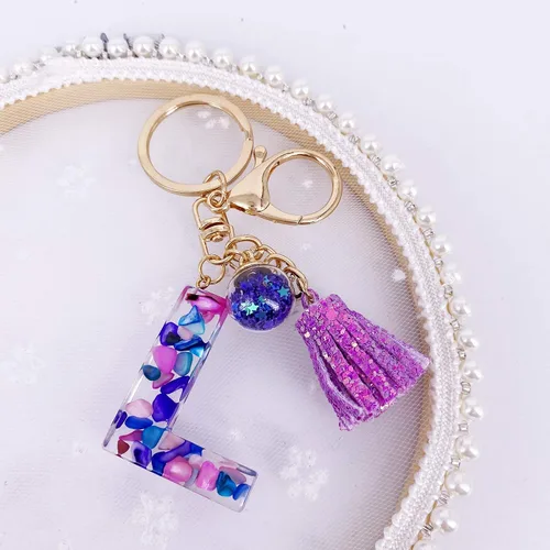 Vista 3 de LAXPICOL Llavero púrpura de la A a la Z para mujer, monedero, bolsos, resina, alfabeto inicial, letra colgante con borla, bola de cristal