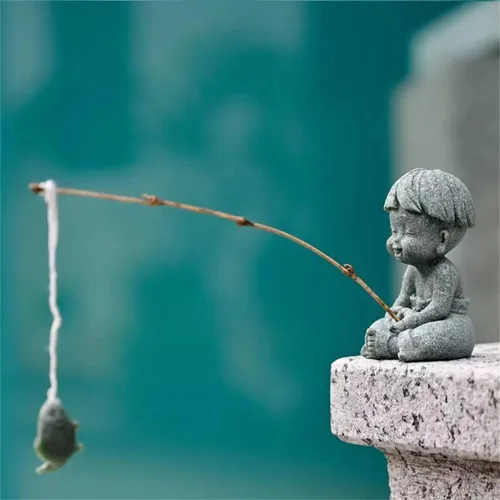 Vista 3 de livelyfish Little Fisherman Figurines Sandstone Chinese Miniatura Fisherman Statua Ornamento para pecera, micro paisaje, bonsái, decoración