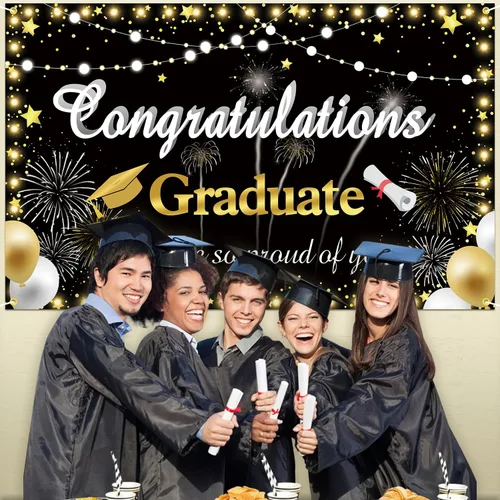 Vista 4 de Congrats Grad Banner 2024 – Telón de fondo negro dorado para decoraciones de graduación de clase 2024 y fondo de fotografía