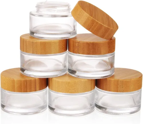 Vista 12 de COSIDEA 18 frascos vacíos de vidrio transparente redondos de 1.7 onzas fluidas con tapas de bambú, tarro de crema de madera, recipientes de viaje