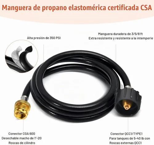 Vista 4 de ABYDA Manguera adaptadora de propano de 3 pies, manguera de tanque de propano de 1 libra a 20 libras con QCC1/tipo 1 para tanques de 5-40 libras
