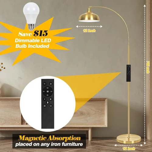 Vista 6 de Lámparas de pie doradas para sala de estar - Lámparas de pie de arco con bombilla de 9W, pantalla de metal ajustable 360°, lámpara de pie regulable