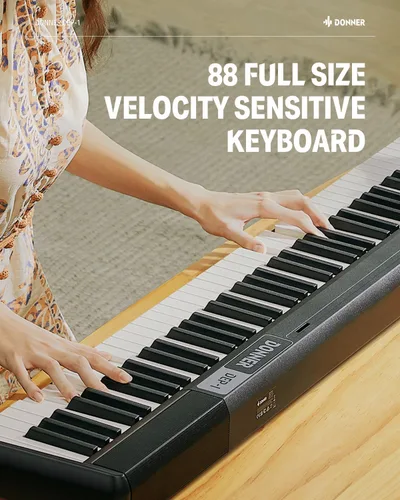 Vista 2 de Donner Teclado de piano de 88 teclas, piano digital para principiantes, teclas sensibles a la velocidad, piano eléctrico portátil con soporte, pedal