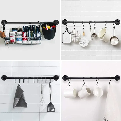 Vista 3 de WuGeShop Estante colgante para ollas de 38 pulgadas, montado en la pared con 10 ganchos en S, tapas de cocina, espátula para utensilios, organizador