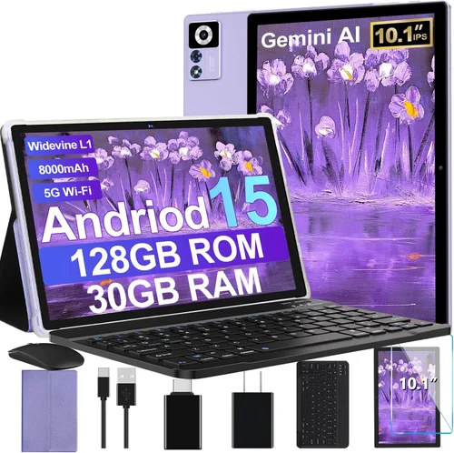 Vista 8 de Tablet Android 15 2025 con teclado Gemini AI, Tablets de electrónica de 30GB+128GB de ocho núcleos con pantalla IPS HD de 10 pulgadas, 8000mAh
