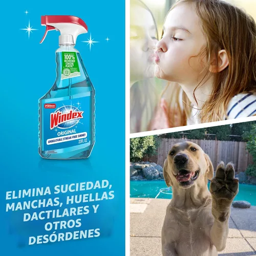 Vista 3 de Windex Spray limpiador de vidrio y ventanas, botella hecha de plástico 100% reciclado, espray de limpieza de superficies, aroma azul original, 23