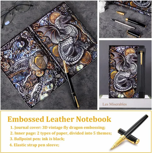 Vista 4 de FEIDIAO Cuaderno vintage de cuero en relieve Flying Dragon DND, diario de viaje A5 diario con bolígrafo y funda para bolígrafo, diario de piel