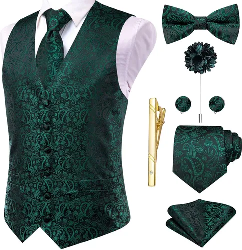 Vista 19 de Hi-Tie Chaleco de traje de seda para hombre, corbata y corbatín de solapa, clip de corbata dorado, chaleco floral de cachemira, 8 piezas, conjunto
