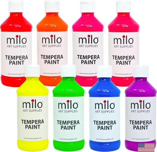 Vista 11 de milo Pintura de témpera fluorescente neón lavable, botellas de 16 onzas, 6 colores, fabricada en los Estados Unidos, brilla con luz ultravioleta
